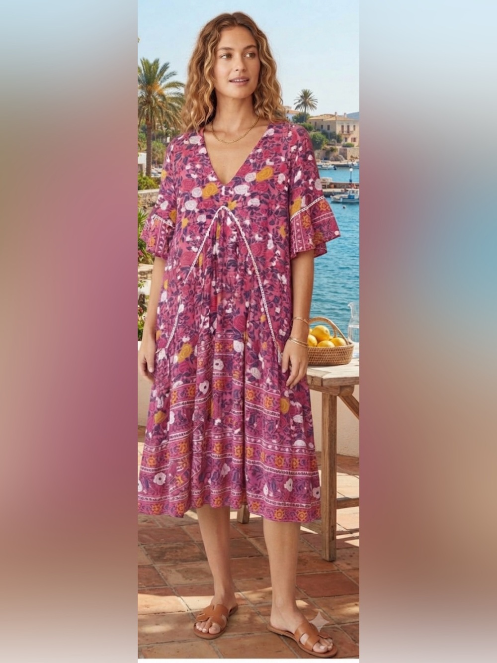 Aura Pink Floral Maxi Dress with Yellow Accents